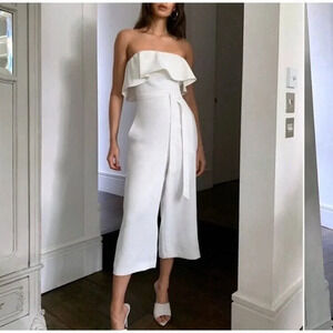 Babaton White Strapless Ruffle Flutter Tie Waist Crop Wide Leg Jumpsuit Women 00